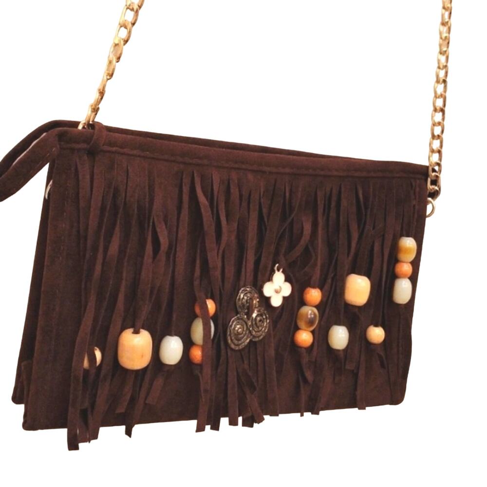 Fringed Clutch Brown Bohemian Luxe Charms Elise Gypsy Festival Boho NO CHAIN